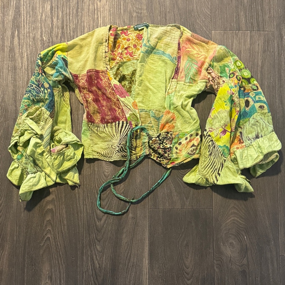 Kathmandu Imports 100% Cotton Green Multicolor Bohemian Tie Bellsleeve Blouse XS